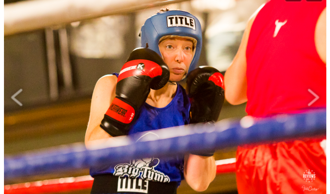 Boxer in headgear during a sparring round